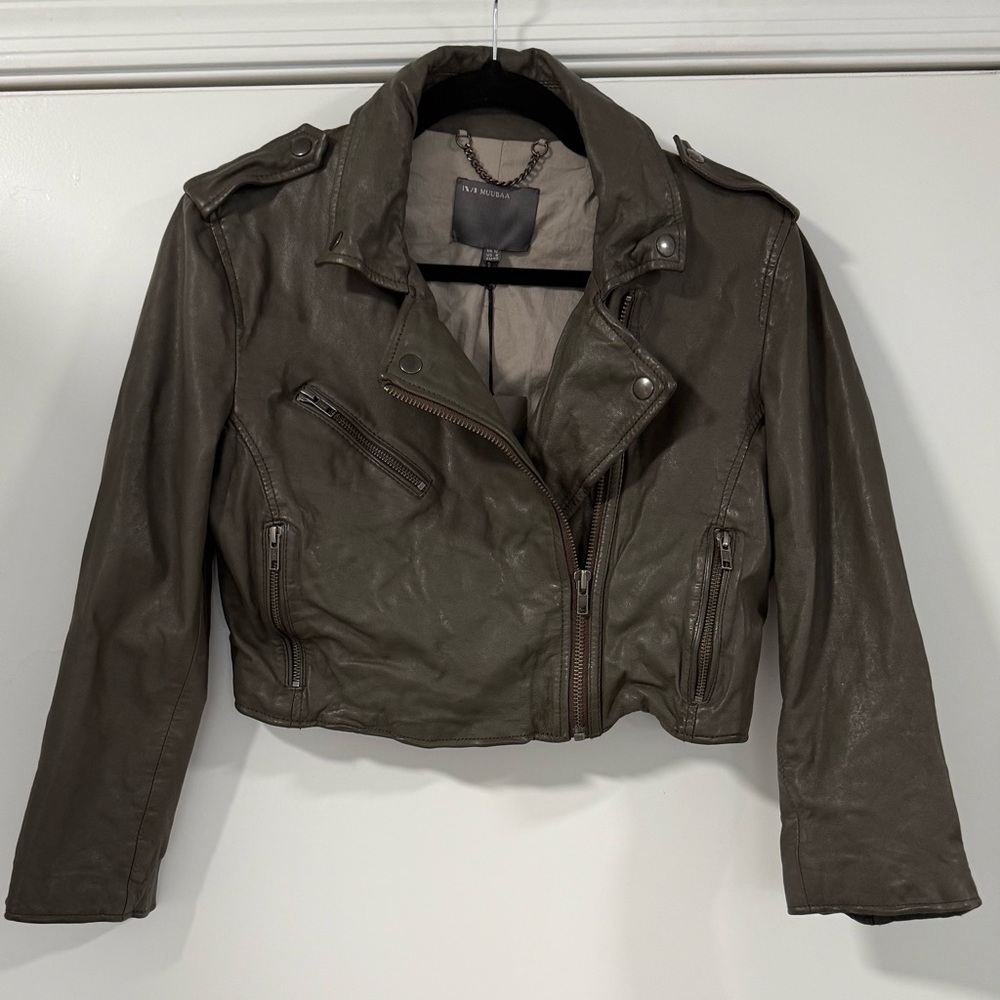 Muubaa Thanatos Cropped Leather Biker Jacket Army Grey Fitted Moto - US 8
